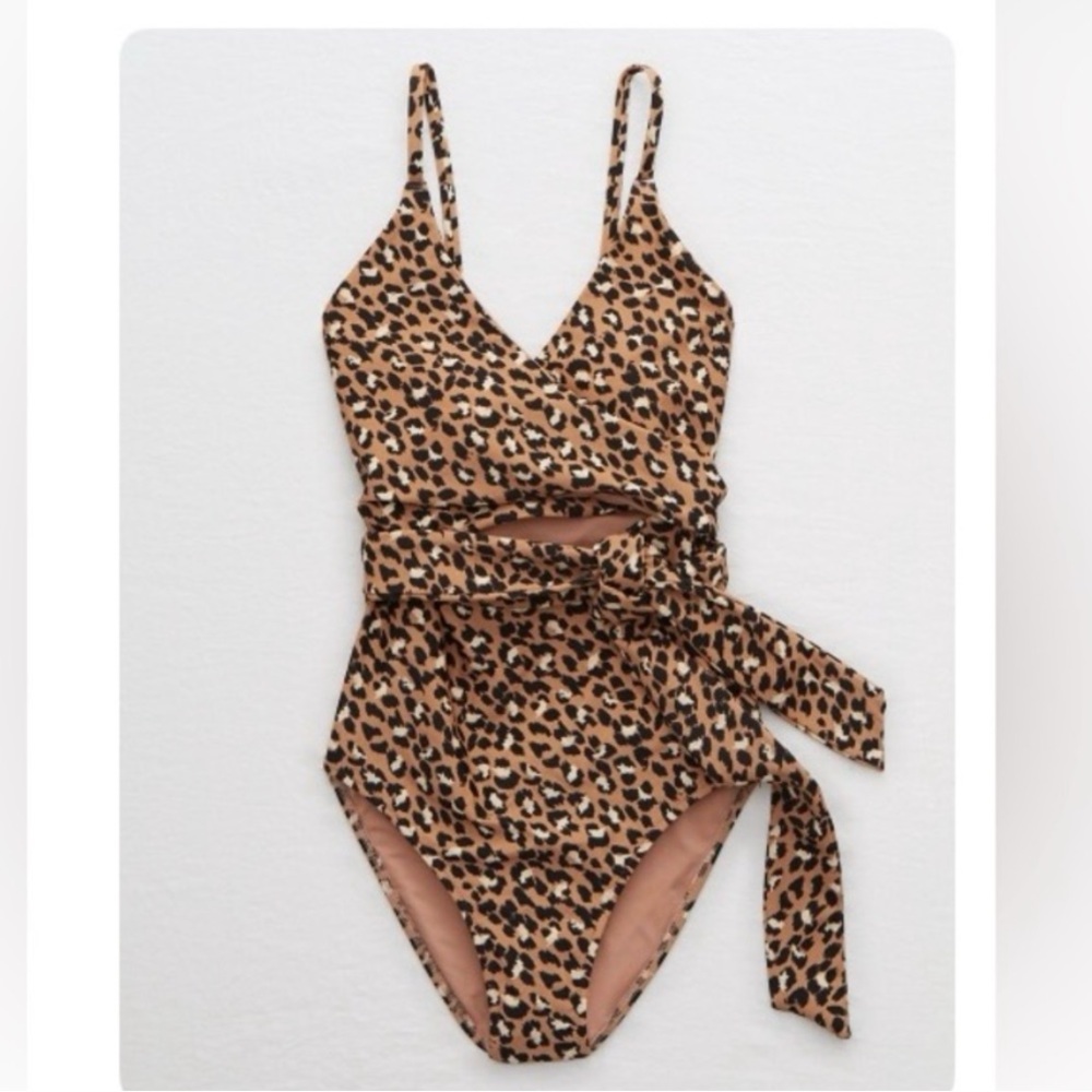 Aerie Leopard Wrap one piece bathing suit size small long full coverage